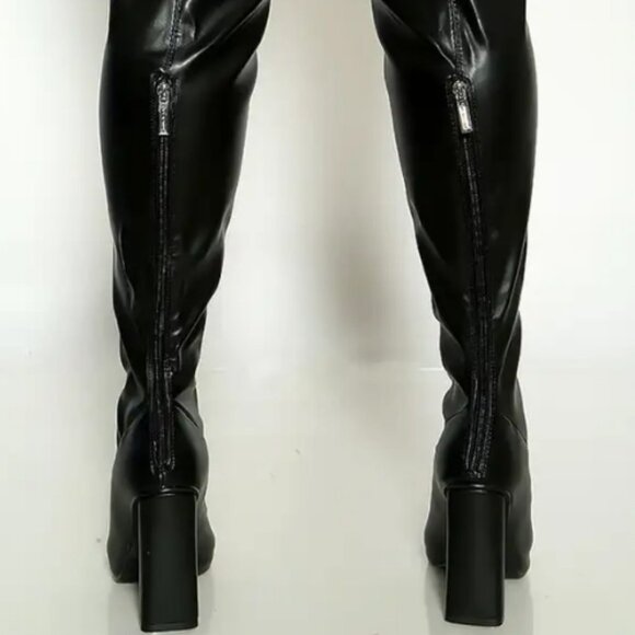 Black Rhinestone Closed Toe Thigh High Heels Boots - Picture 5 of 7